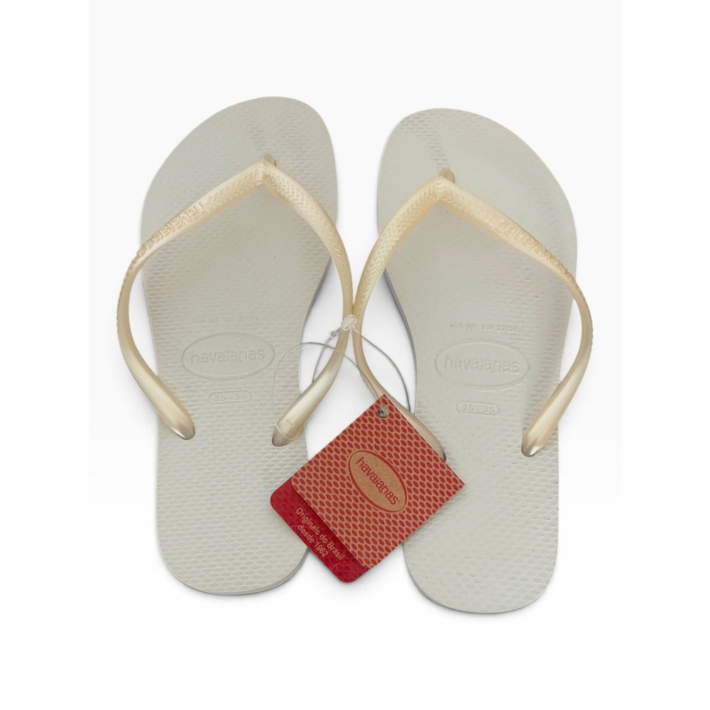 Havaianas Slim White Gold Metallic Strap Flip Flops Sandals Womens 6W 35/36
